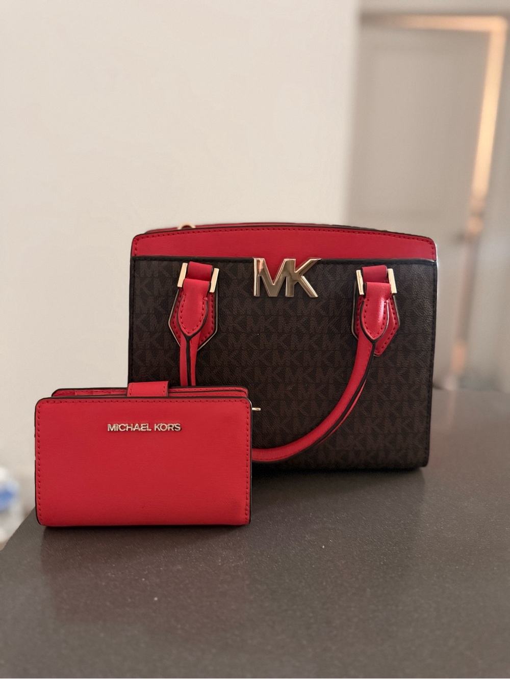 Michael Kors Mott Signature Satchel + Matching Red Wallet